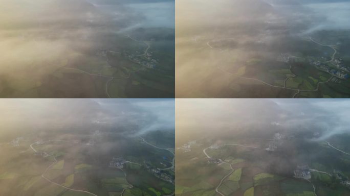 云雾缭绕的乡村田园风光