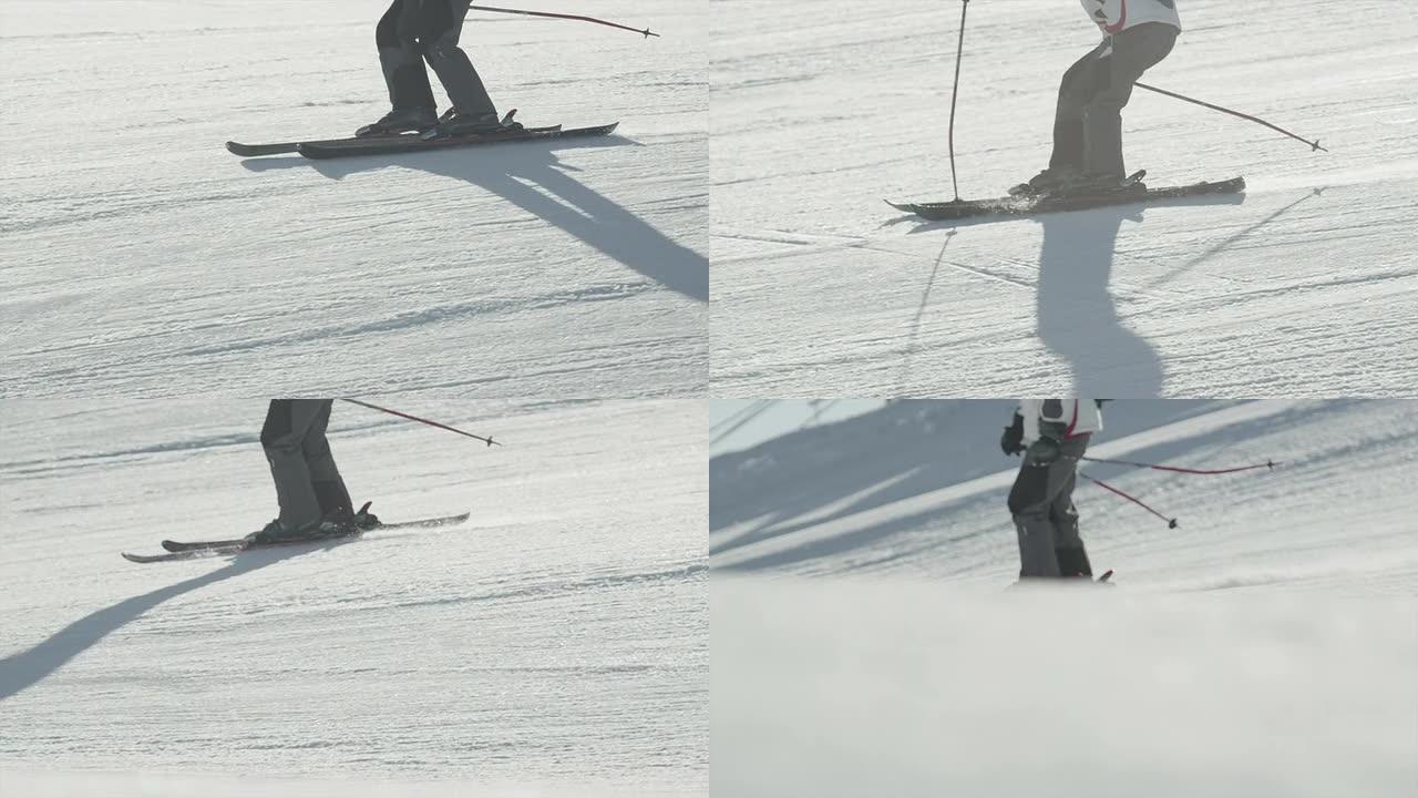 特写: 滑雪者在阳光明媚的冬天沿着山坡滑雪