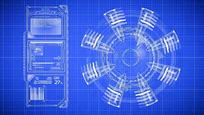 未来派蓝图绘制的美丽动画。平视显示计算机数据。高科技概念元素。