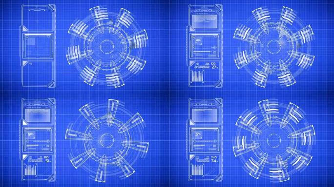 未来派蓝图绘制的美丽动画。平视显示计算机数据。高科技概念元素。