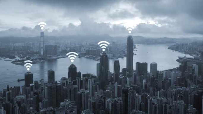 4k分辨率香港城市带wifi图标，网络连接概念