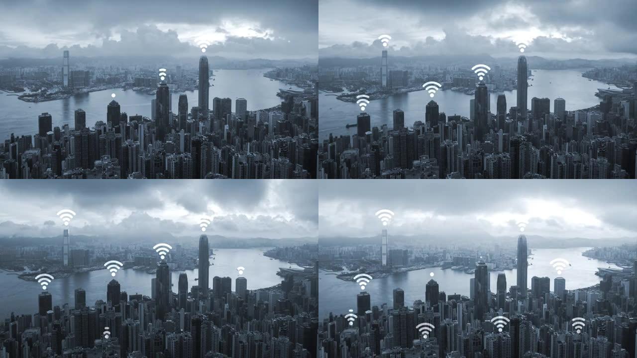 4k分辨率香港城市带wifi图标，网络连接概念