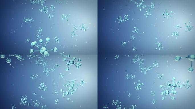 模型分子从玻璃和水晶中坠落的动画。无缝循环动画。