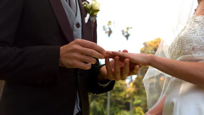 男子将戒指戴在新娘的手指上