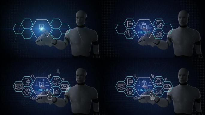 机器人，机器人触摸Fin-tech图标和各种图形。未来的金融技术。4k电影。