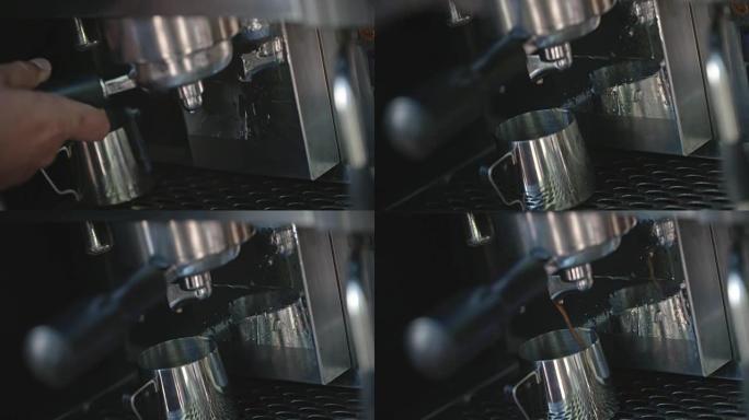 咖啡师在特写镜头中操作咖啡机