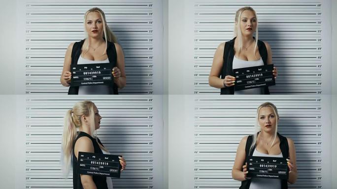 在一个警察局，被逮捕的女人走进来并站到一边，前瞻头像照片。她穿着性感的衣服，浓妆艳抹，举着标语。高度