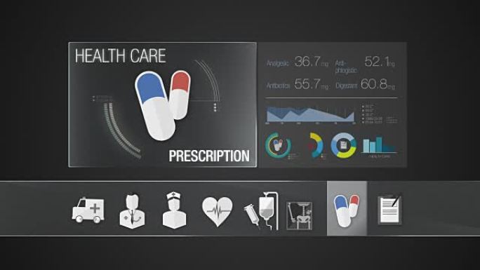 医疗保健内容的处方图标。技术医疗保健服务。数字显示应用程序。