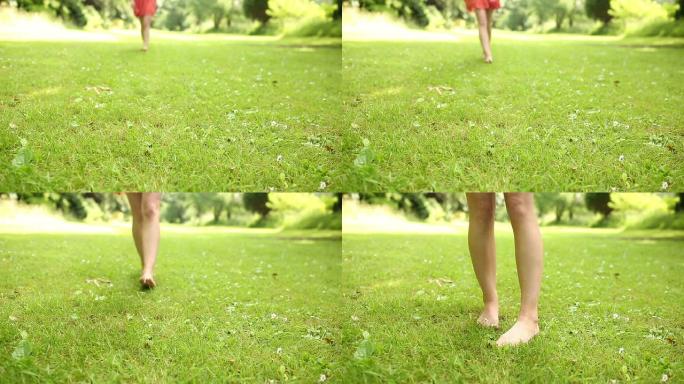 草地上的女性腿走向相机