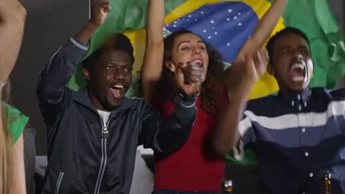 巴西球迷在看电视比赛时庆祝胜利