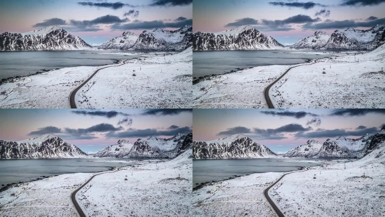 挪威积雪覆盖的峡湾-空中射击