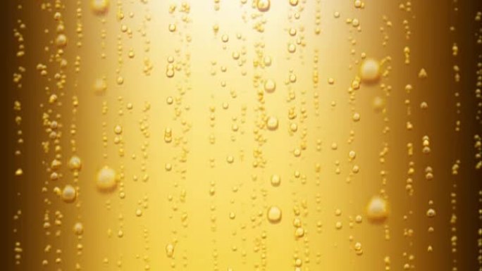 美丽的啤酒泡泡升起。黄色背景上的苏打水可循环3d动画。高清1080。