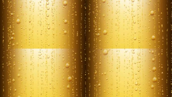 美丽的啤酒泡泡升起。黄色背景上的苏打水可循环3d动画。高清1080。