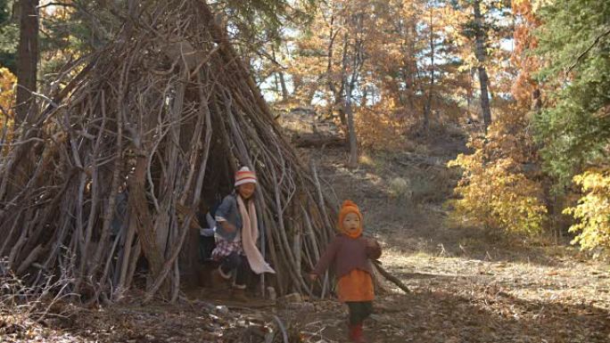 五个一起玩耍的小孩在森林里离开小屋