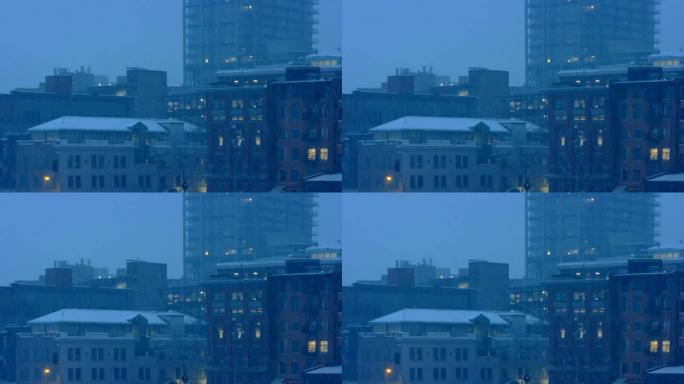 傍晚降雪的城市建筑物