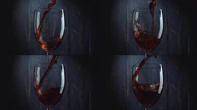 在深色木质背景下将红酒倒入玻璃杯中。慢动作