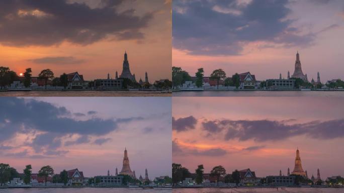 泰国曼谷卧虎藏龙寺(Wat Arun Temple)的日落4k时间封锁。