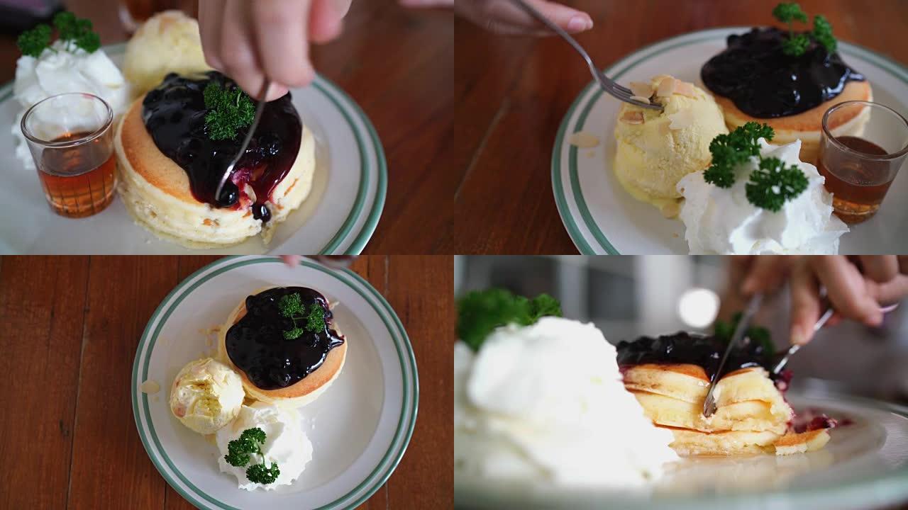 吃蓝莓煎饼的4张照片