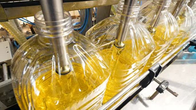 特写。工厂设备将葵花籽油倒入生产线上的瓶子中。4K。
