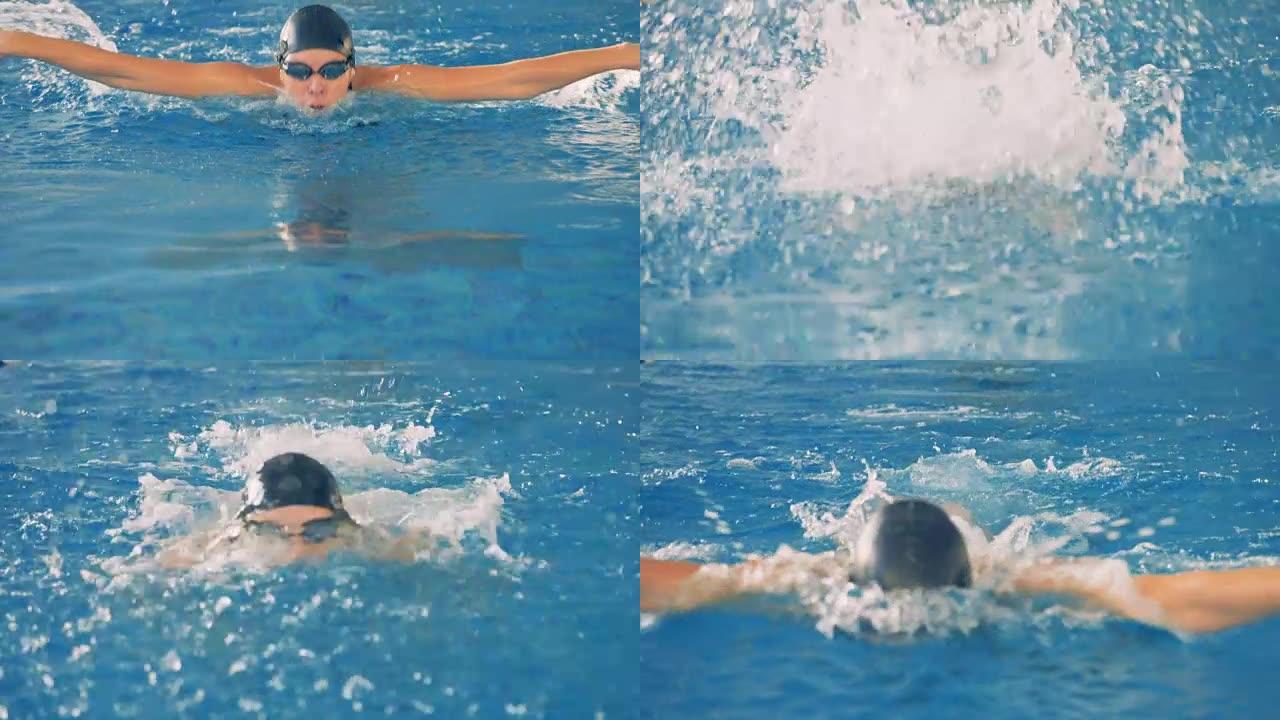 一名女游泳者以慢动作深呼吸。