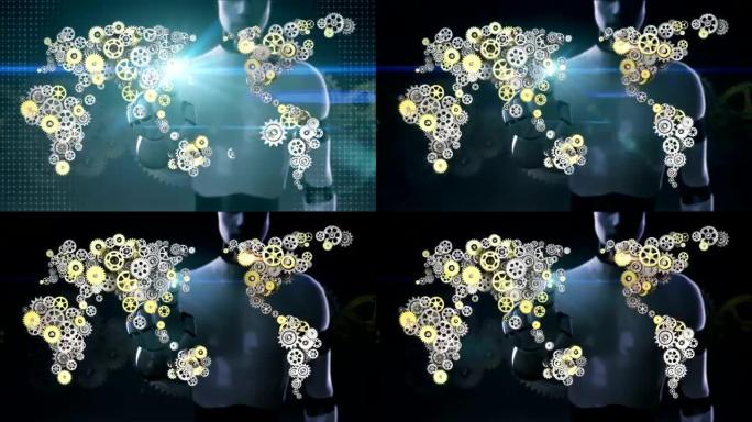 机器人，机器人触屏，钢金色齿轮制作全球世界地图。人工智能。全球技术2。
