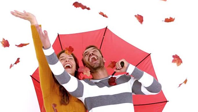 穿着暖和衣服的迷人年轻夫妇拿着雨伞和树叶
