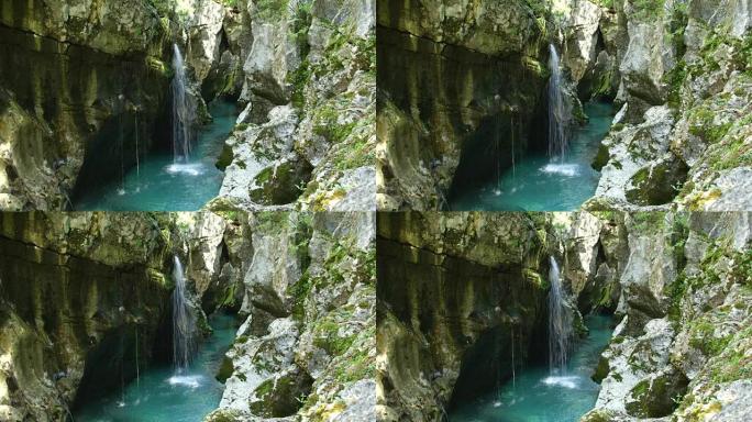 特写: 风景秀丽的狭窄峡谷，瀑布和河流贯穿