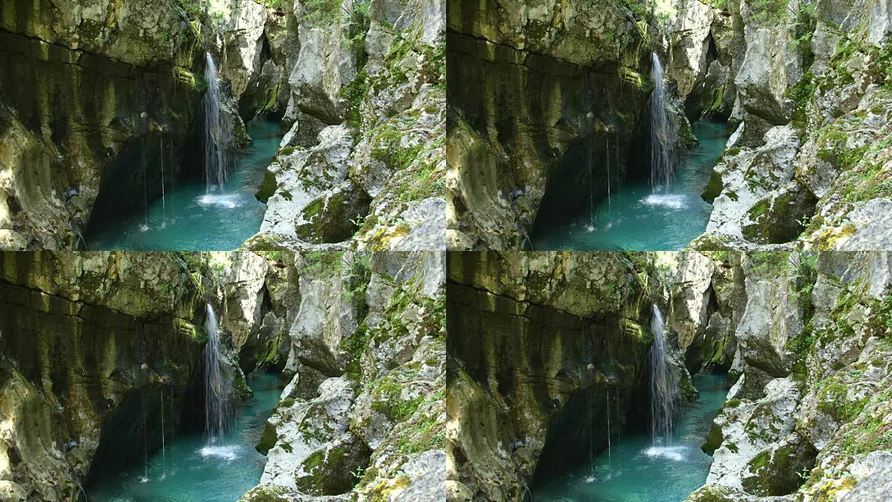 特写: 风景秀丽的狭窄峡谷，瀑布和河流贯穿