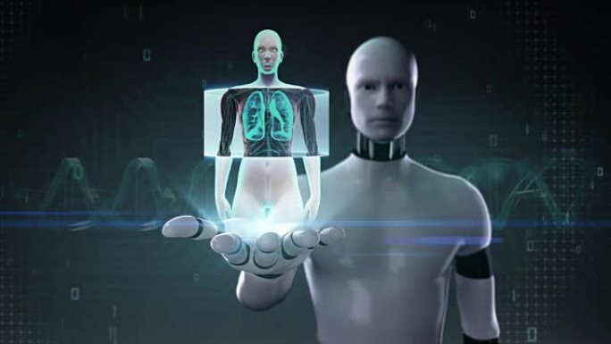 机器人开放手掌，人肺，肺诊断。蓝色x射线光。