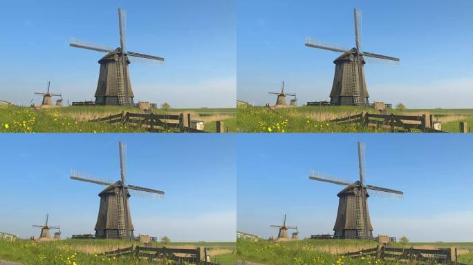 特写: 低地草地乡村中令人惊叹的传统木制风车