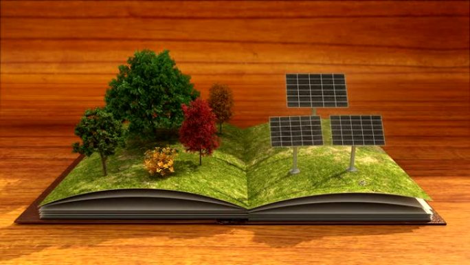 打开书制作太阳能发电厂，太阳能电池板，太阳能，棕色背景。