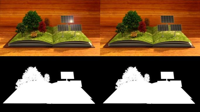 打开书制作太阳能发电厂，太阳能电池板，太阳能，棕色背景。