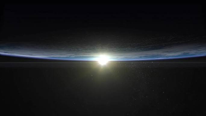 地球上空的日出。地球缓慢旋转。从底部开始的日出。现实的氛围。体积云。从太空看。星空。4K。