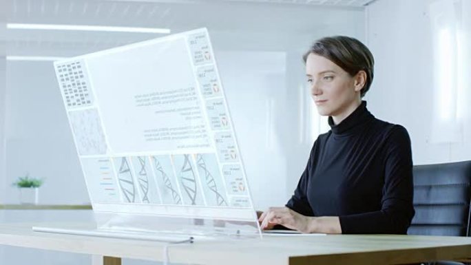 在不久的将来，女性科学家致力于人类基因组测序。屏幕显示DNA字符串和运行代码行。