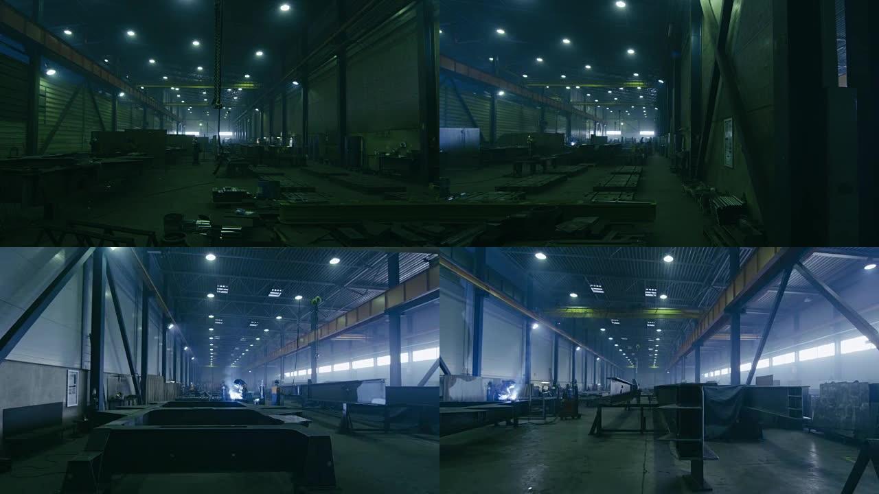 一个重工业工厂的延时镜头，工人和飞舞的火花。