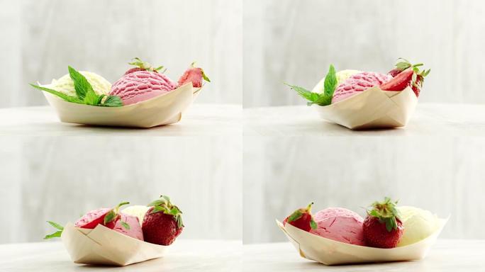 香草和草莓冰淇淋配以新鲜草莓和新鲜的曼塔
