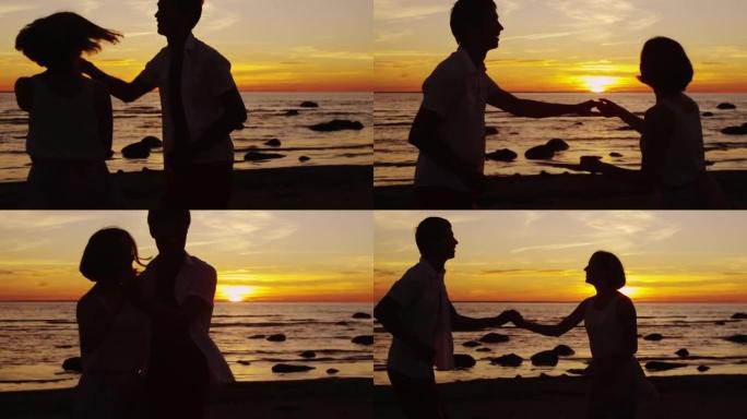 日落时分，夫妇在海滩上跳舞。