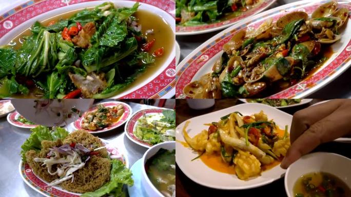 泰国街头美食、油炸蛤壳和香草。