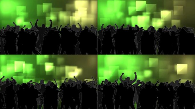 跳舞的人群，绿色发光的方块在移动