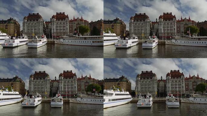 2017年8月25日，瑞典斯德哥尔摩: 码头上的船只。瑞典斯德哥尔摩。4K, UHD