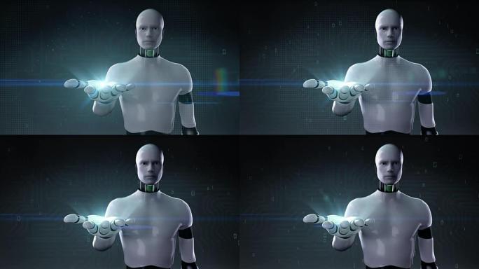 机器人，机器人打开手掌在数字界面背景4k大小的电影。