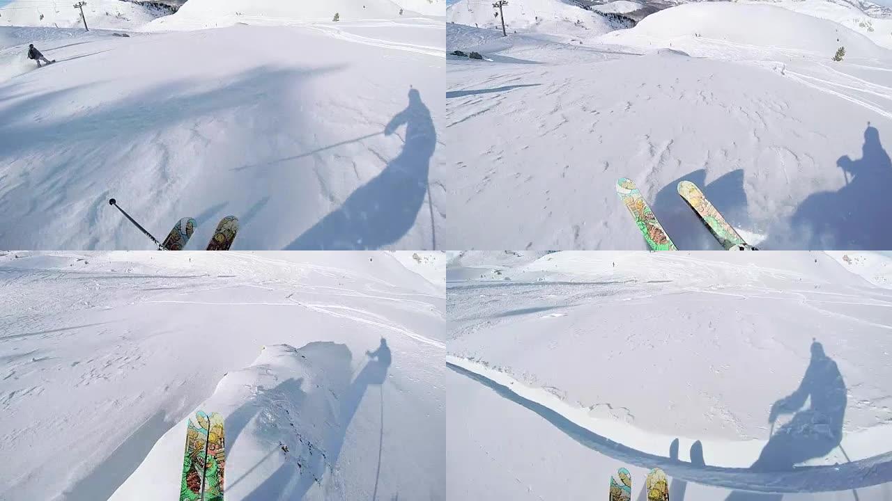 POV: 自由滑雪者骑着粉雪并跳过落基山悬垂