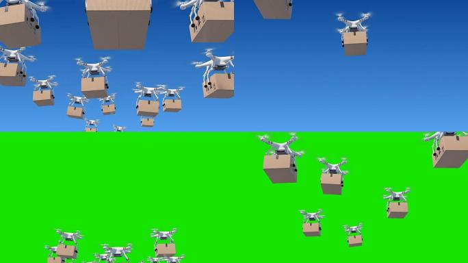 许多无人机在蓝天上飞行并运送包裹。带有绿色屏幕和Alpha蒙版的循环3d动画。现代交付概念。