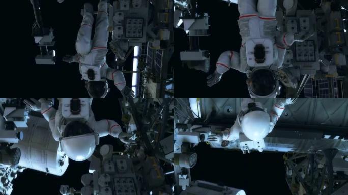 在国际空间站工作的宇航员。逼真的4k动画。