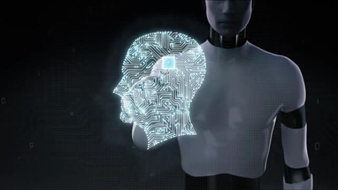 机器人，机器人触摸大脑，连接大脑形状电路板，4k电影。成长人工智能。2