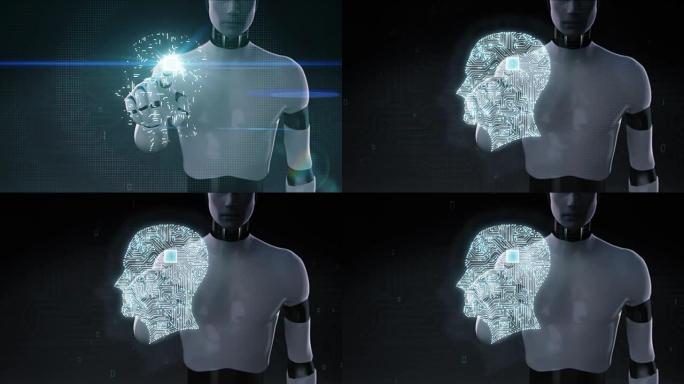 机器人，机器人触摸大脑，连接大脑形状电路板，4k电影。成长人工智能。2
