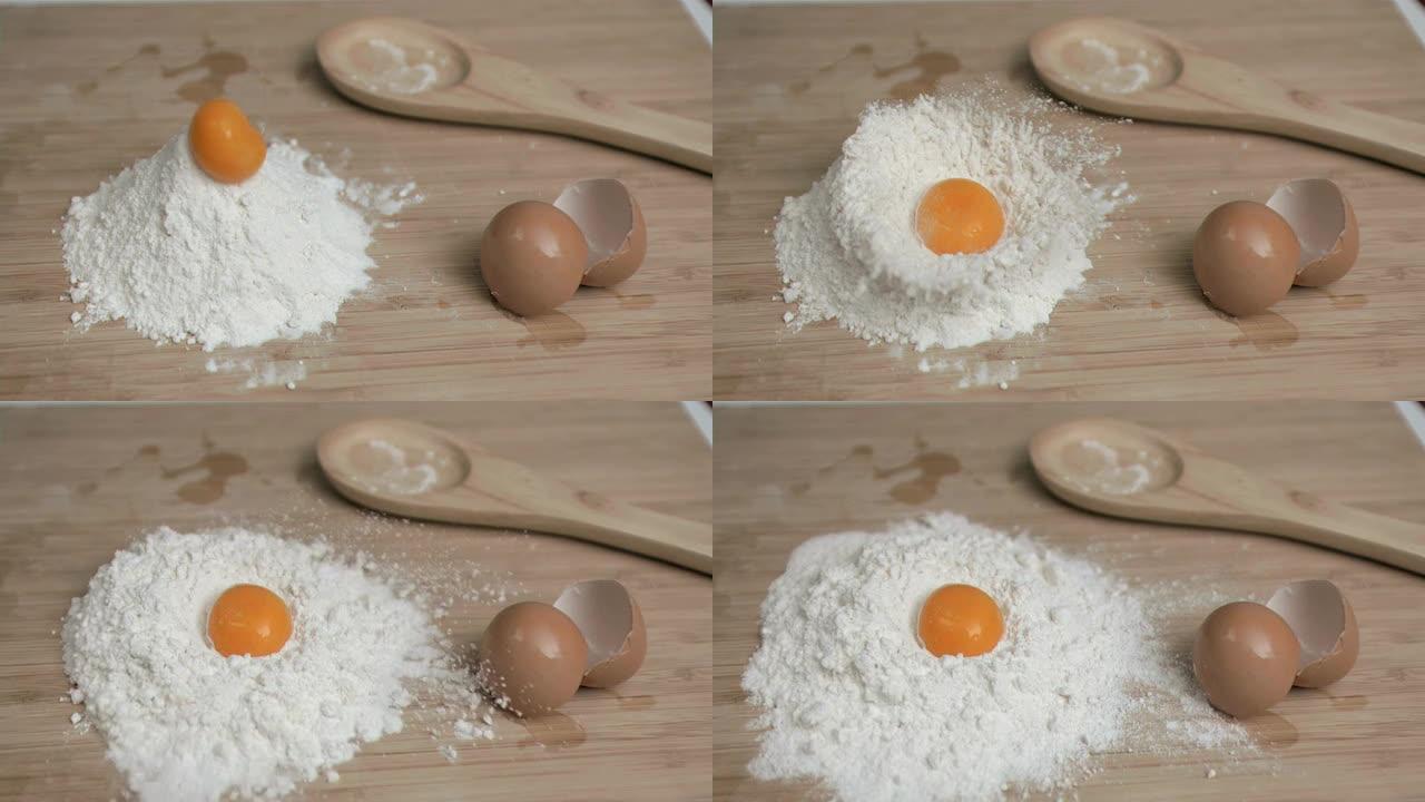 鸡蛋超级慢动作放在面粉上