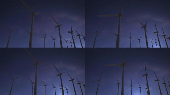 风力涡轮机能源的场景。动画。夜间。