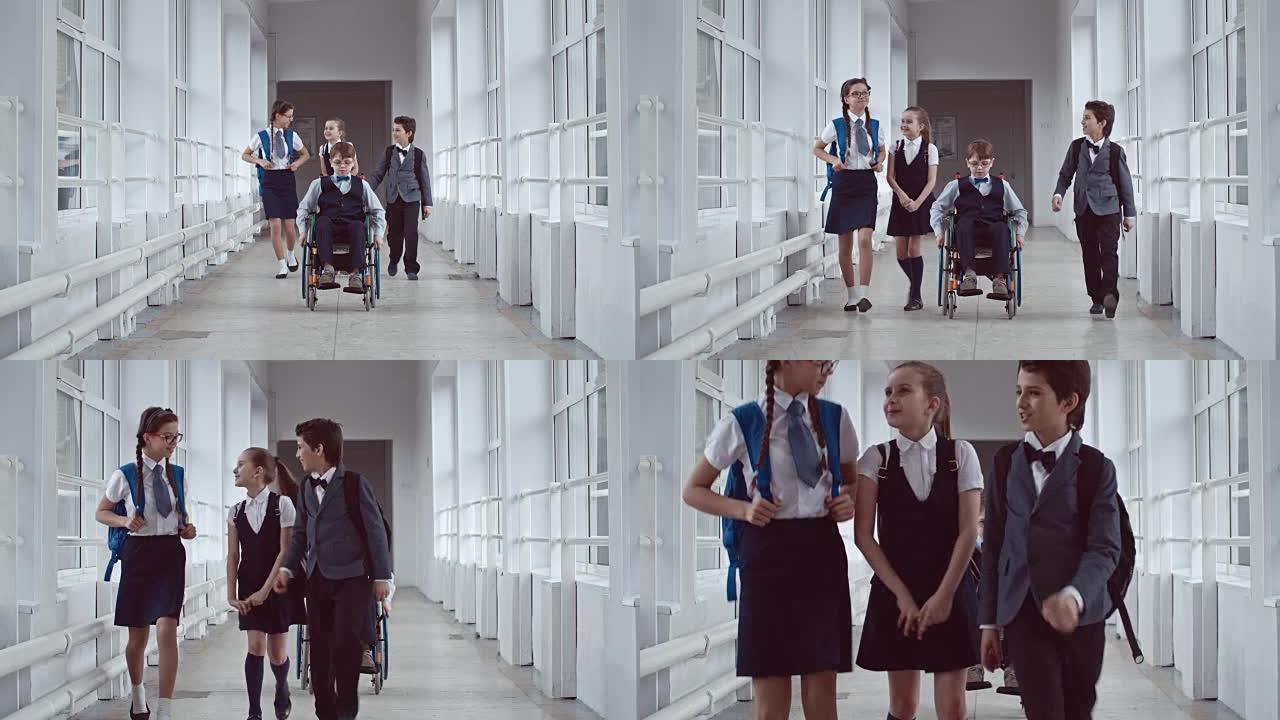 坐轮椅在走廊上的中学生