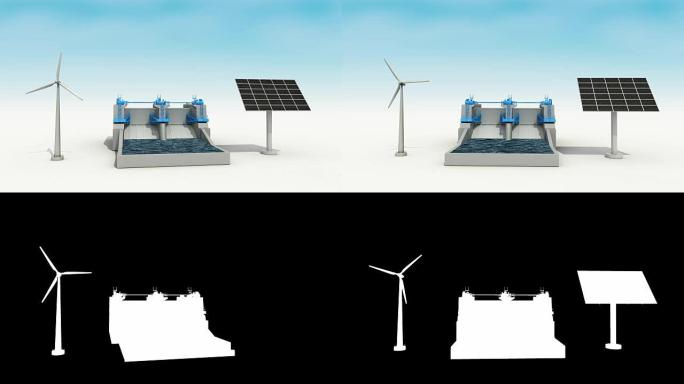 风力涡轮机、太阳能电池板发电机、水力大坝。